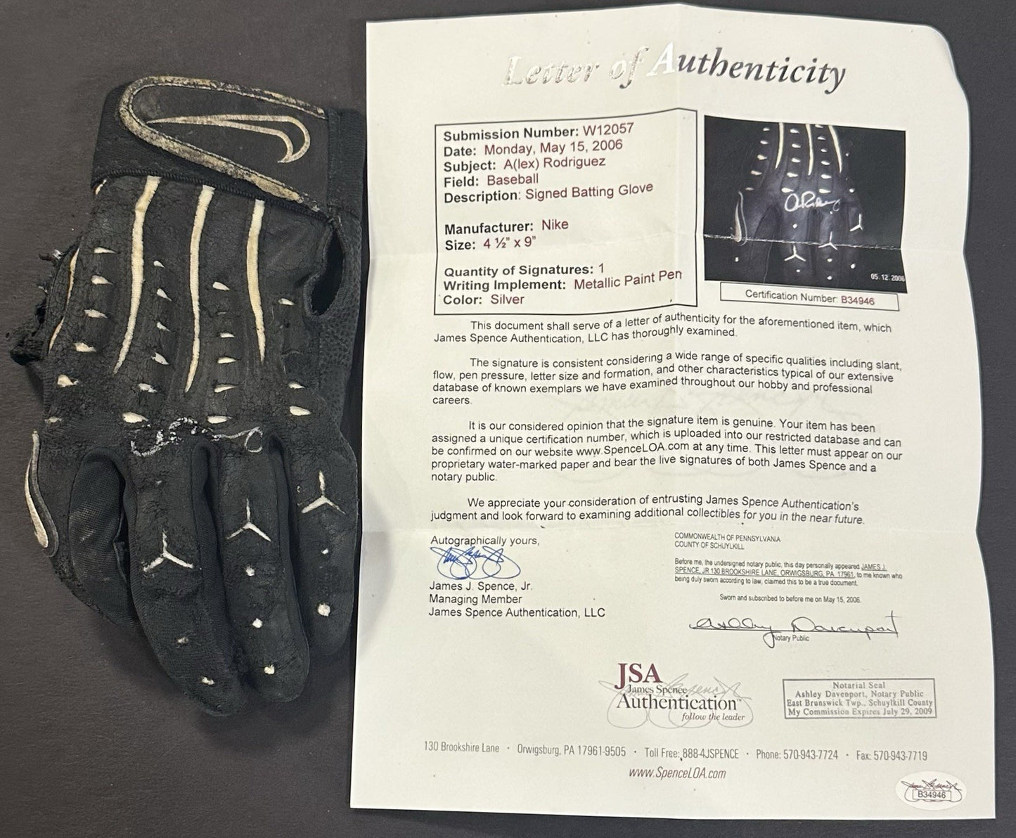 Alex Rodriguez Signed Nike Game Used Worn Batting Glove Yankees Auto JSA LOA