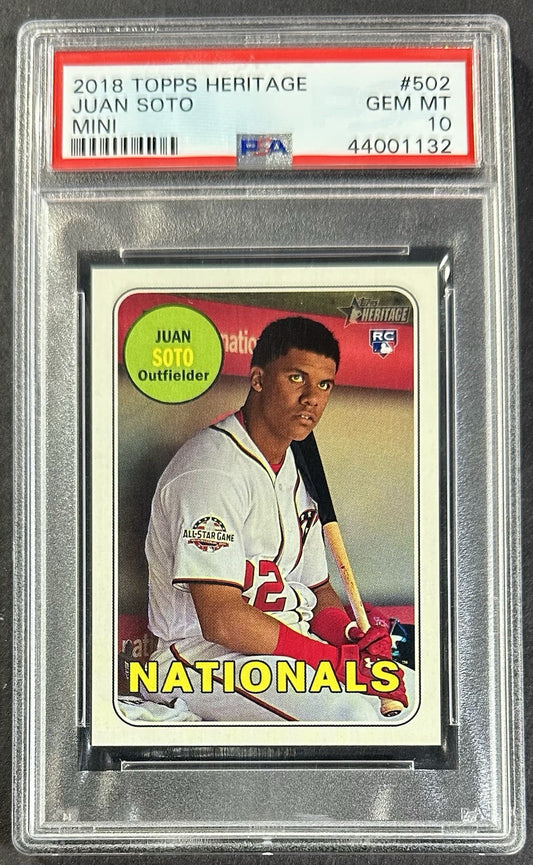 2018 Topps Heritage Juan Soto Mini PSA 10 Rookie SSP /100 Nationals Mets RC #502