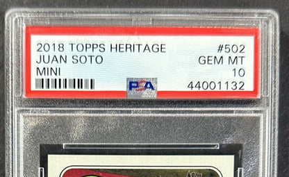 2018 Topps Heritage Juan Soto Mini PSA 10 Rookie SSP /100 Nationals Mets RC #502