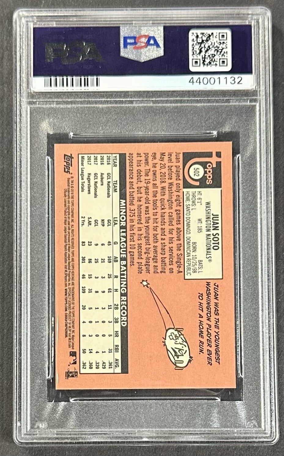 2018 Topps Heritage Juan Soto Mini PSA 10 Rookie SSP /100 Nationals Mets RC #502