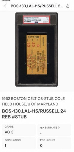 Feb 1 1962 Celtics Lakers Ticket Bill Russell 24 Rbs  Psa 3 Pop 1 At Maryland