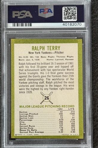 1963 Fleer #26 Ralph Terry New York Yankees PSA 9 Mint High End LOW POP