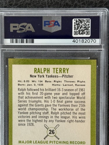 1963 Fleer #26 Ralph Terry New York Yankees PSA 9 Mint High End LOW POP