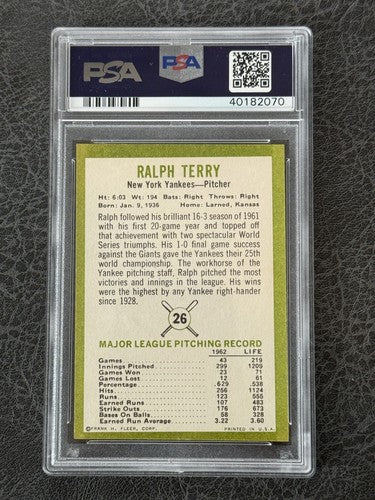 1963 Fleer #26 Ralph Terry New York Yankees PSA 9 Mint High End LOW POP