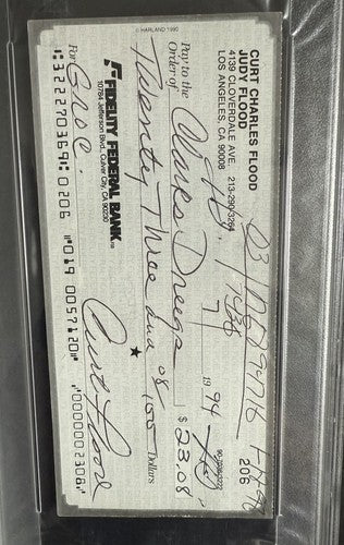 CURT FLOOD SIGNED Personal CHECK 1994 Mint Auto Psa Coa St Louis Cardinals