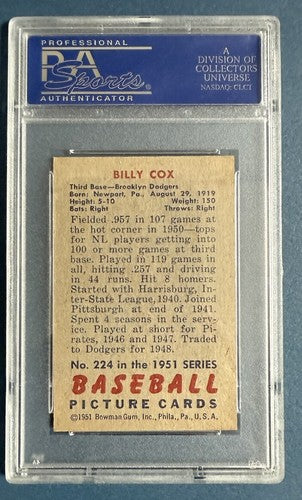 1951 Bowman #224 Billy Cox Brooklyn Dodgers Psa 8.5 Mint + Beauty Pop 3 High End