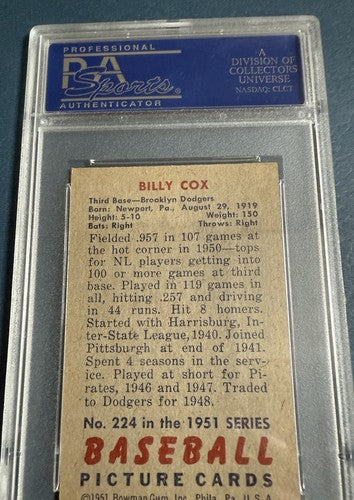 1951 Bowman #224 Billy Cox Brooklyn Dodgers Psa 8.5 Mint + Beauty Pop 3 High End