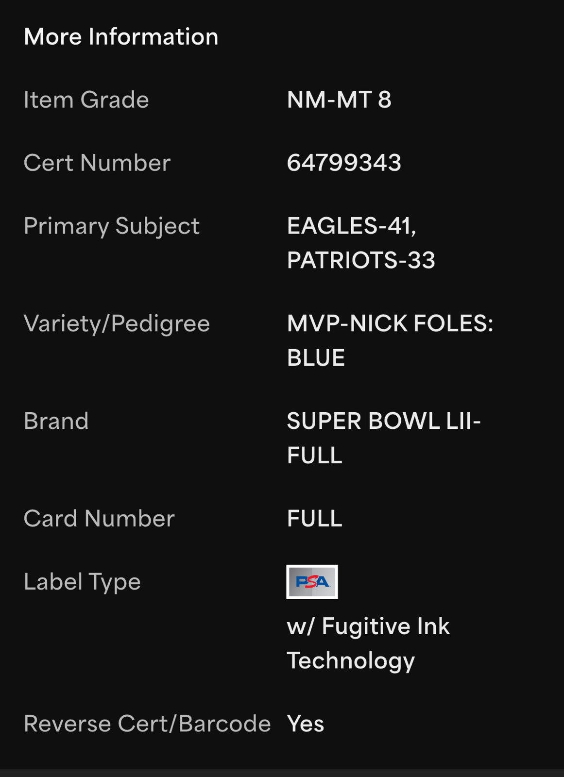 2018 Super Bowl LII Philadelphia Eagles Patriots Ticket PSA 8 Nick Foles MVP