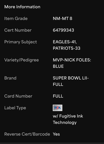 2018 Super Bowl LII Philadelphia Eagles Patriots Ticket PSA 8 Nick Foles MVP