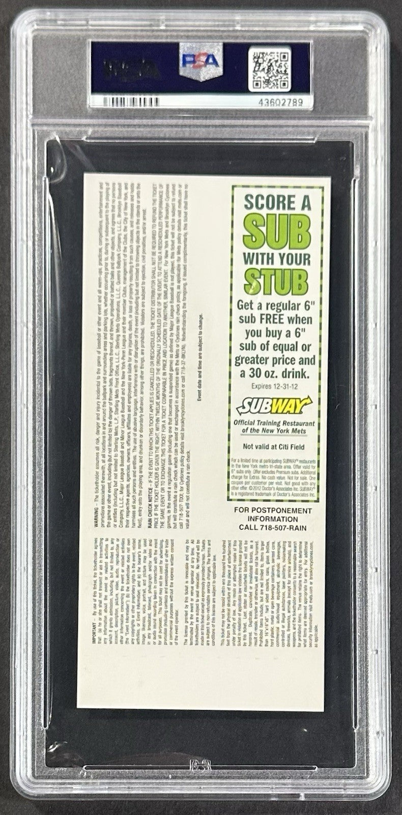 2012 Johan Santana NY Mets 1st No Hitter Game Full Ticket PSA 8 Cardinals 6/1/12