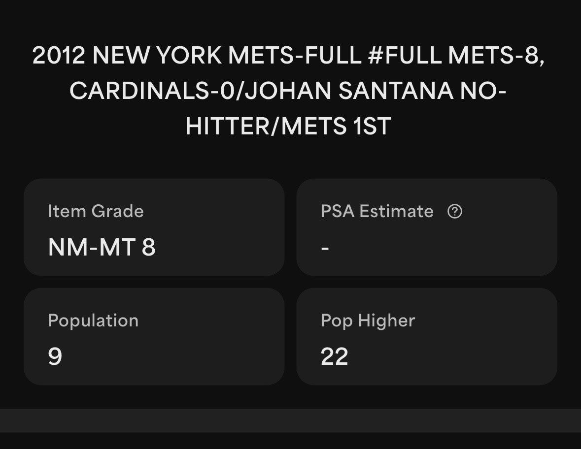 2012 Johan Santana NY Mets 1st No Hitter Game Full Ticket PSA 8 Cardinals 6/1/12