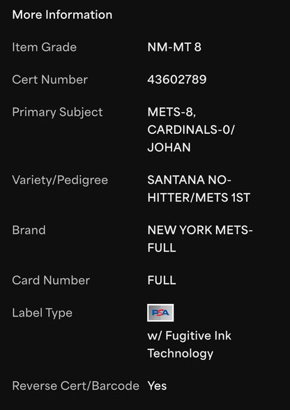 2012 Johan Santana NY Mets 1st No Hitter Game Full Ticket PSA 8 Cardinals 6/1/12