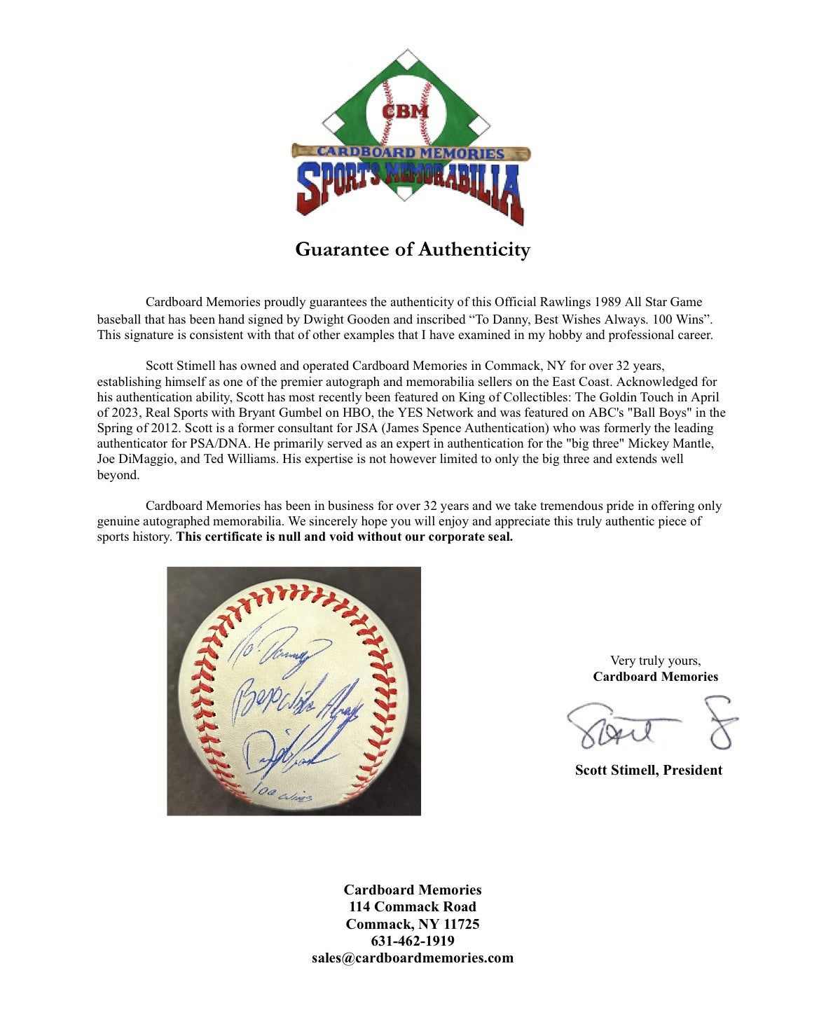 Dwight Gooden Signed 1989 All Star Game Baseball Mets To Danny 100 Wins Auto COA