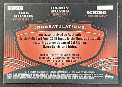 2006 Topps Triple Threads Bat Relic Ichiro Barry Bonds Cal Ripken /18 TTRC-177