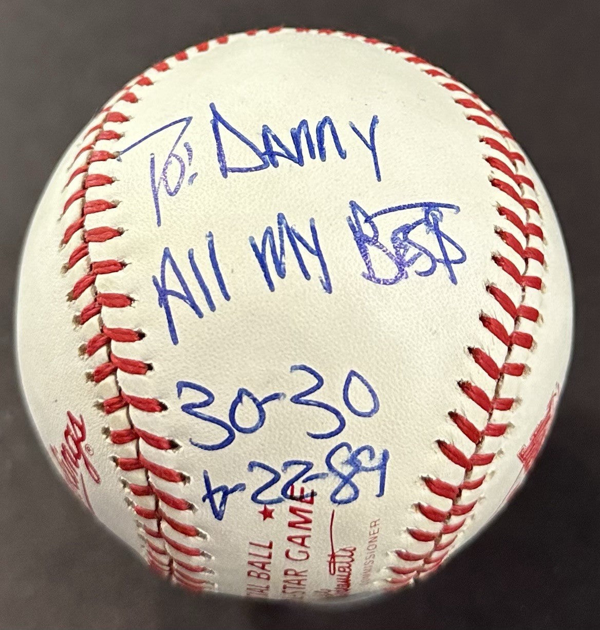 Darryl Strawberry Signed 1989 All Star ASG Baseball Mets To Danny 30-30 Auto COA