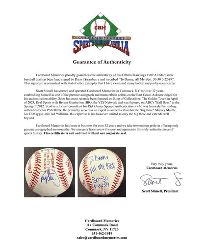 Darryl Strawberry Signed 1989 All Star ASG Baseball Mets To Danny 30-30 Auto COA