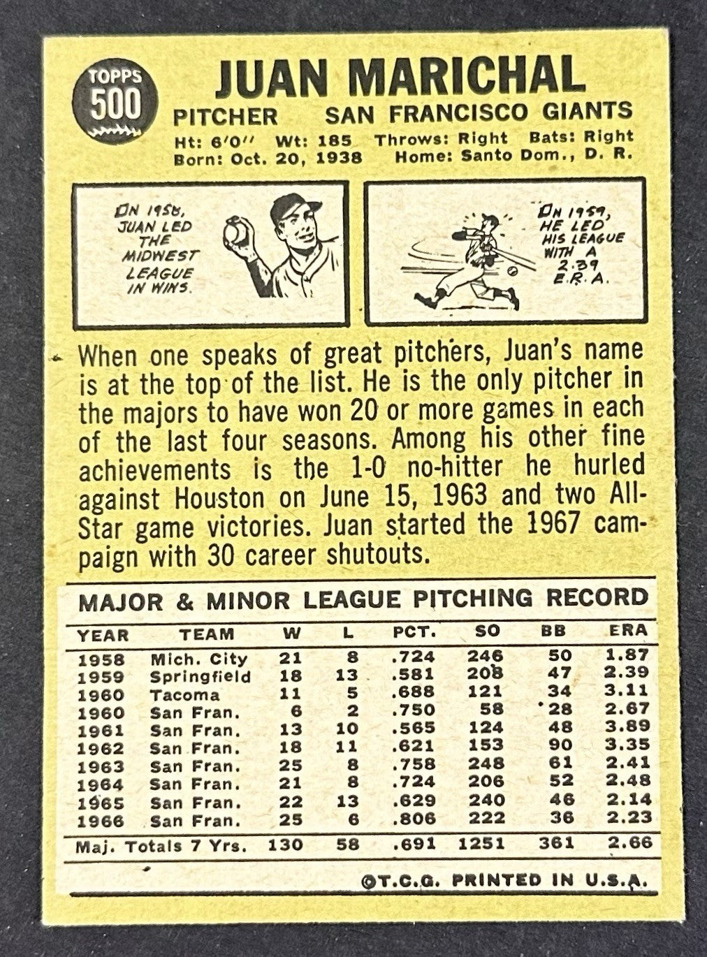 1967 Topps #500 Juan Marichal  nm - Mint Nice  Color Sharp Semi High # Card