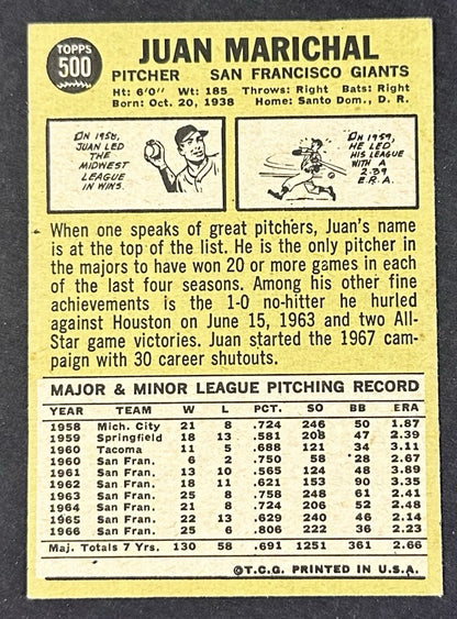 1967 Topps #500 Juan Marichal  nm - Mint Nice  Color Sharp Semi High # Card