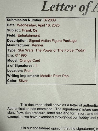 STAR WARS JEDI MASTER YODA ACTION FIGURE FRANK OZ SIGNED Mint Auto Jsa Loa New