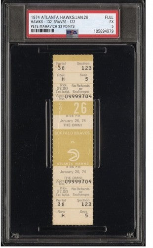 Pete Maravich 1974 Full Ticket Psa 5 Ex Pop 1 Basketball 33 Pts  Atlanta Hawks