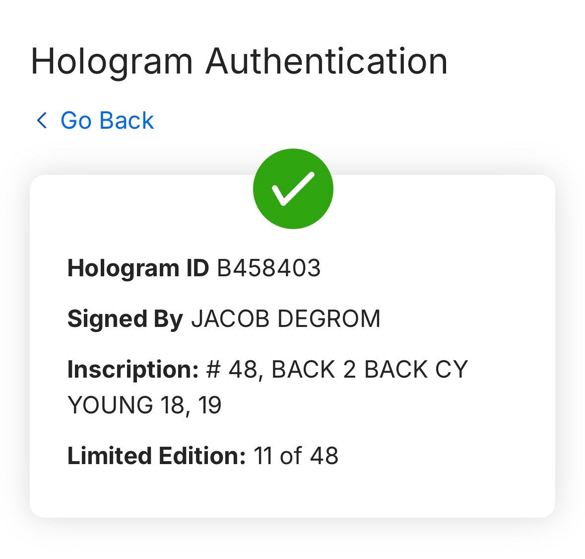 Jacob deGrom Signed Official MLB Baseball B2b 18 19 Cy Young Auto /48 Fanatics