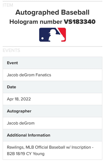 Jacob deGrom Signed Official MLB Baseball B2b 18 19 Cy Young Auto /48 Fanatics