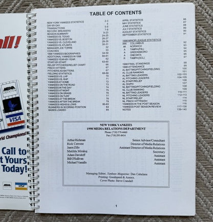 1998 NEW YORK YANKEES POST-SEASON MEDIA GUIDE WORLD SERIES CHAMPS W/ Press Notes