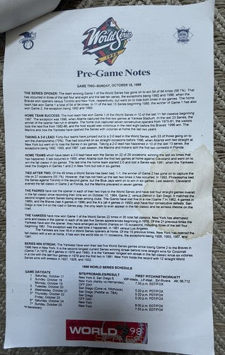 1998 NEW YORK YANKEES POST-SEASON MEDIA GUIDE WORLD SERIES CHAMPS W/ Press Notes