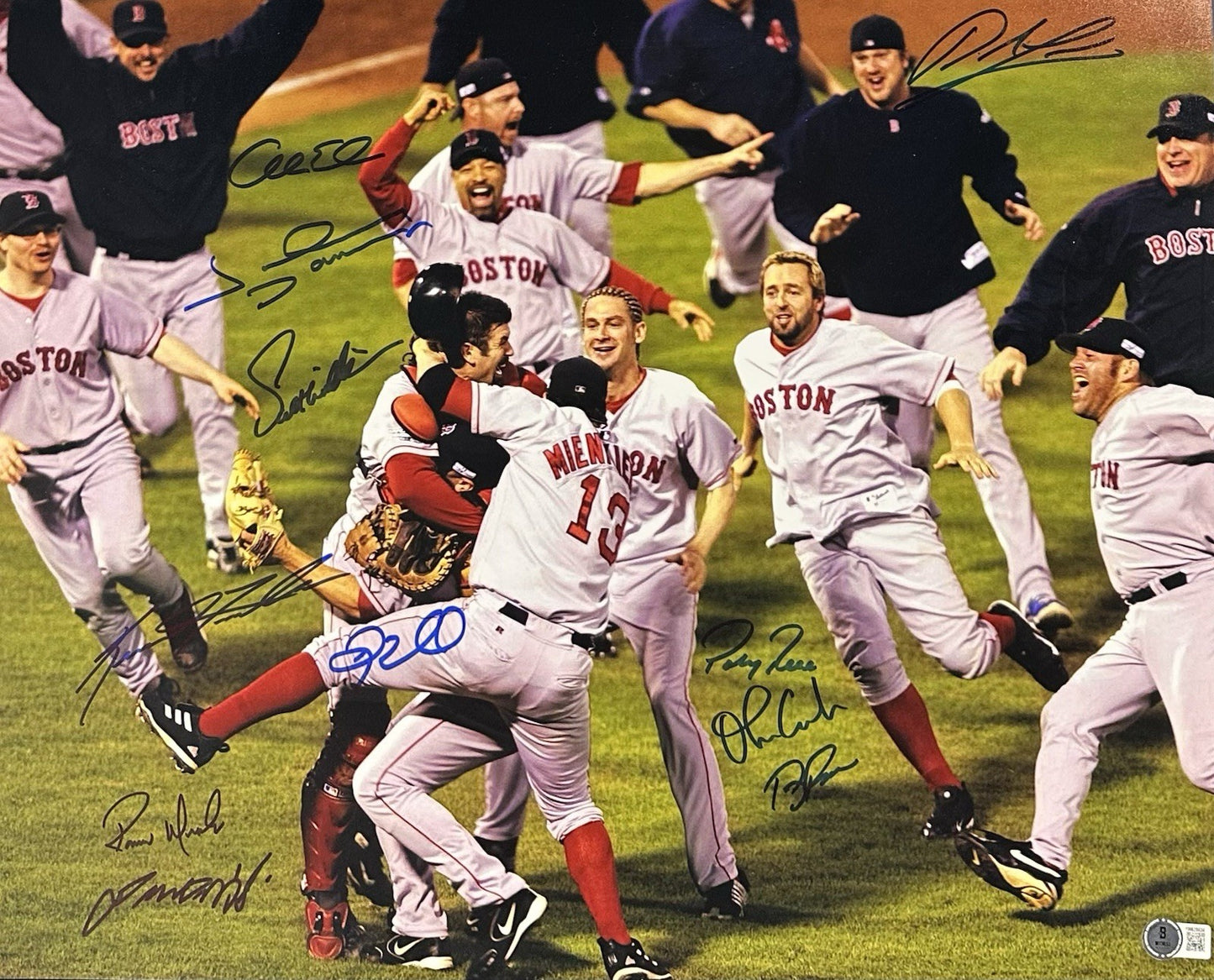 2004 Red Sox Team Signed Celebration 16x20 Framed Photo 11 Auto Lowe Damon BAS
