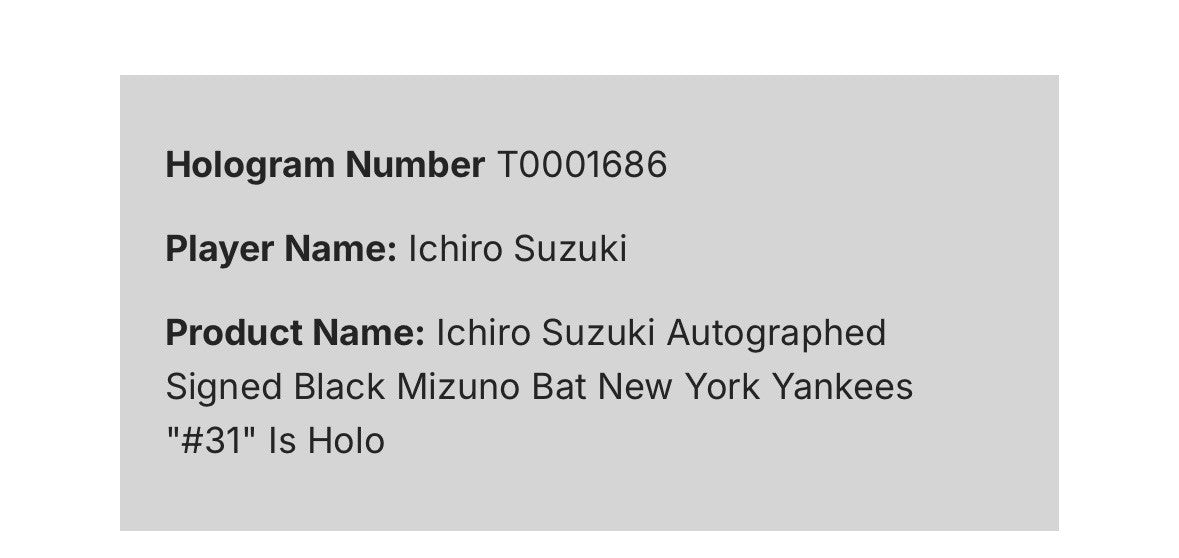 Ichiro Suzuki Signed Mizuno Pro Game Model Bat #31 Auto Yankees Mariners COA HOF