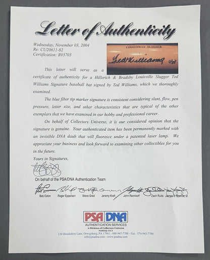 Ted Williams Signed H&B LS Genuine Game Model Bat Red Sox Mint Auto  PSA COA HOF