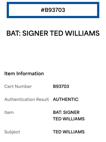 Ted Williams Signed H&B LS Genuine Game Model Bat Red Sox Mint Auto  PSA COA HOF