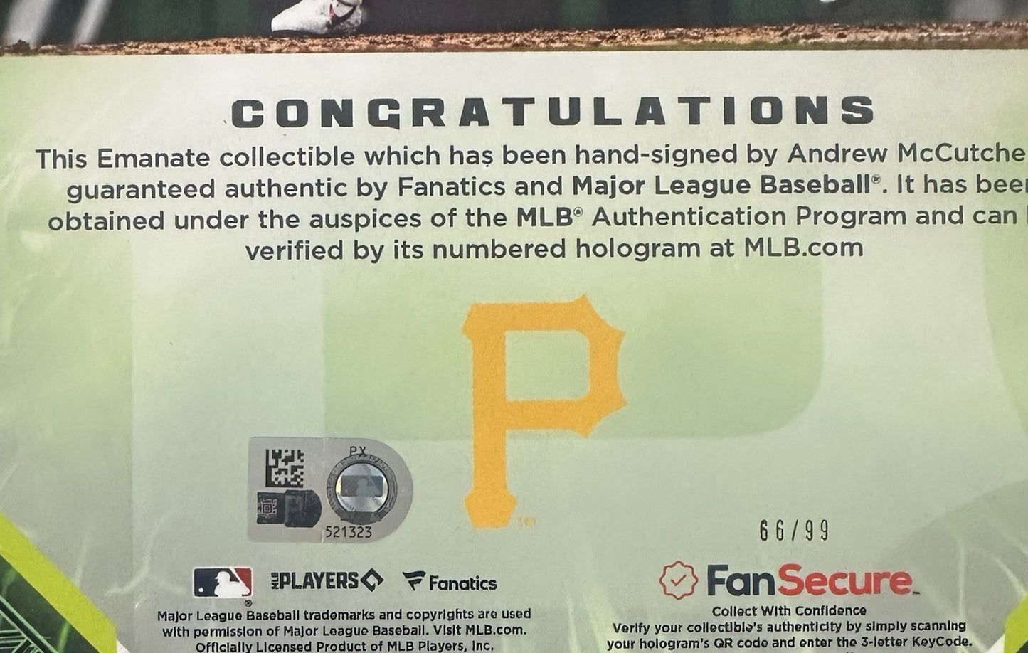 Andrew McCutchen Signed Under Wraps Emanate 8x10 /99 Green Pirates Auto MLB COA