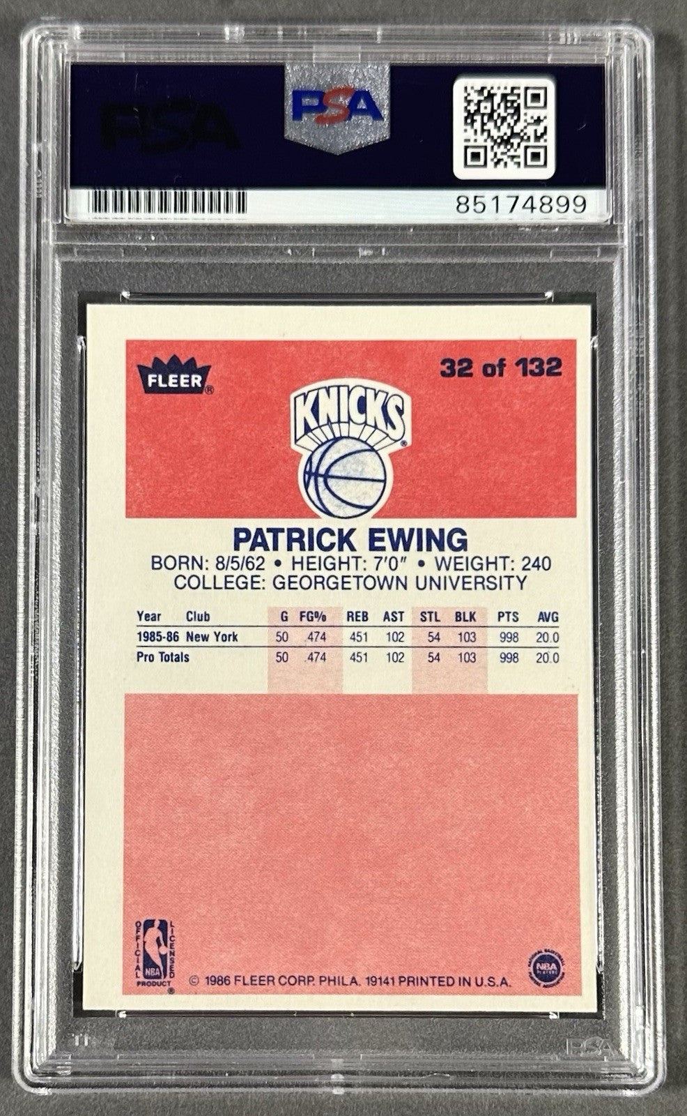 Patrick Ewing Signed 1986 Fleer #32 Rookie PSA 10 Gem Mint HOF 08 Auto Knicks RC