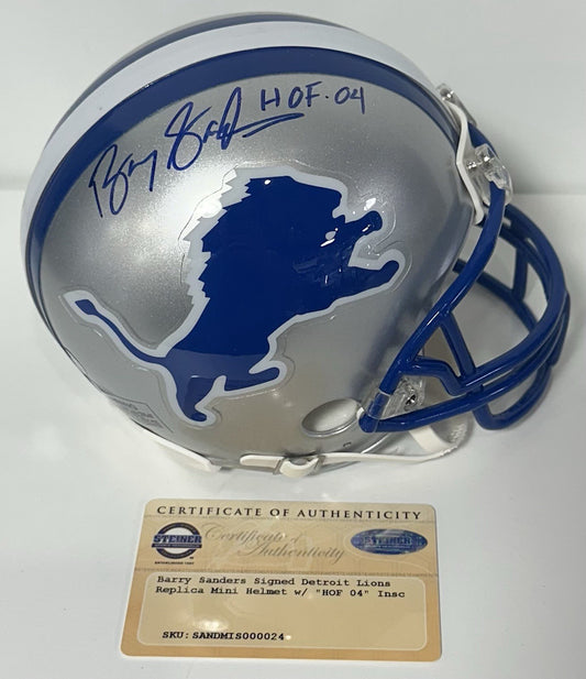 Barry Sanders Signed Detroit Lions Mini Helmet HOF 04 Mint Autograph Steiner COA