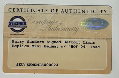 Barry Sanders Signed Detroit Lions Mini Helmet HOF 04 Mint Autograph Steiner COA