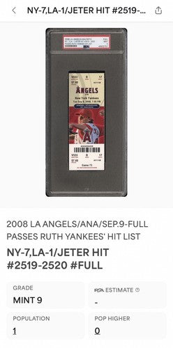 Derek Jeter Full Ticket Passes Babe Ruth Yankees Hit List 2519 2520 Psa 9 Pop 1