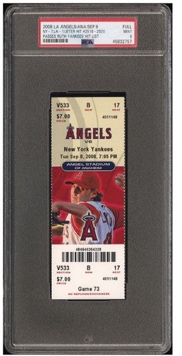 Derek Jeter Full Ticket Passes Babe Ruth Yankees Hit List 2519 2520 Psa 9 Pop 1