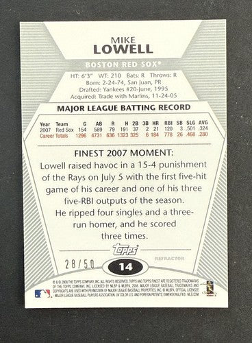 2008 Topps Finest Mike Lowell Gold Refractor Mint Red Sox MVP Rare Card