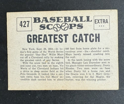 1961 Nu-Card Scoops 427 Willie Mays Greatest Catch 1954 World Series Nm Giants