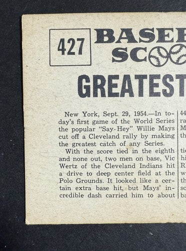 1961 Nu-Card Scoops 427 Willie Mays Greatest Catch 1954 World Series Nm Giants