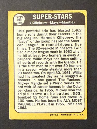 1968 Topps #490 Mickey Mantle VG Paper CREASE Willie Mays Harmon Killebrew