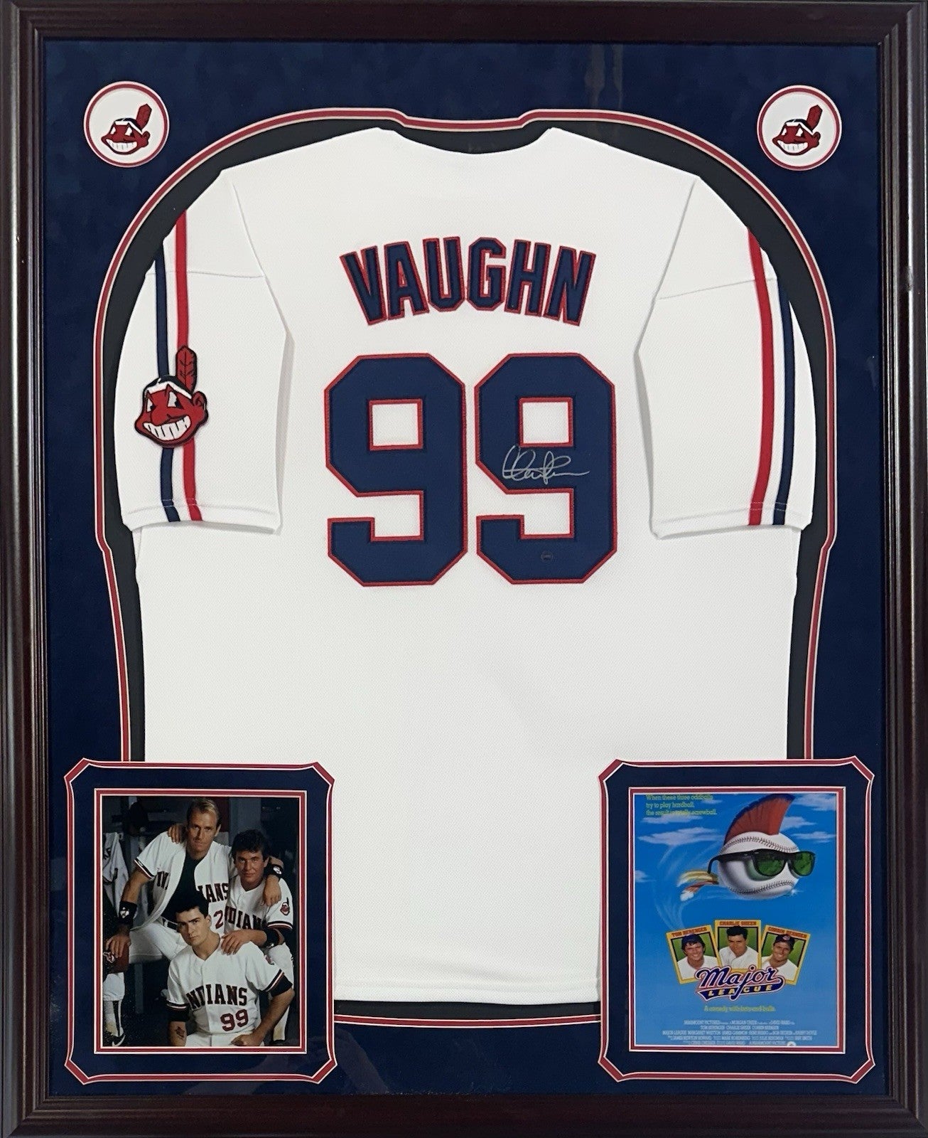 Charlie Sheen Rick Vaughn Signed Framed Indians Jersey Major League Auto Steiner