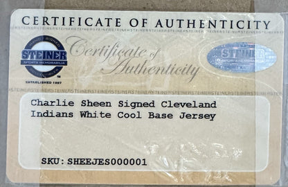 Charlie Sheen Rick Vaughn Signed Framed Indians Jersey Major League Auto Steiner