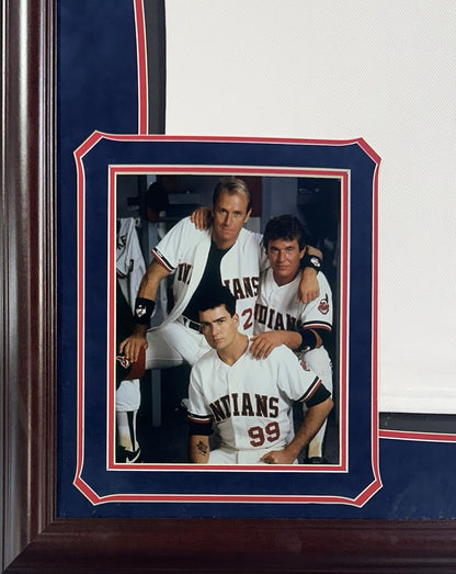 Charlie Sheen Rick Vaughn Signed Framed Indians Jersey Major League Auto Steiner