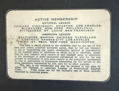 BBWAA Pass Ticket Carl Yastrzemski Debut 1st Hit HR Red Sox Roger Maris 61 HR