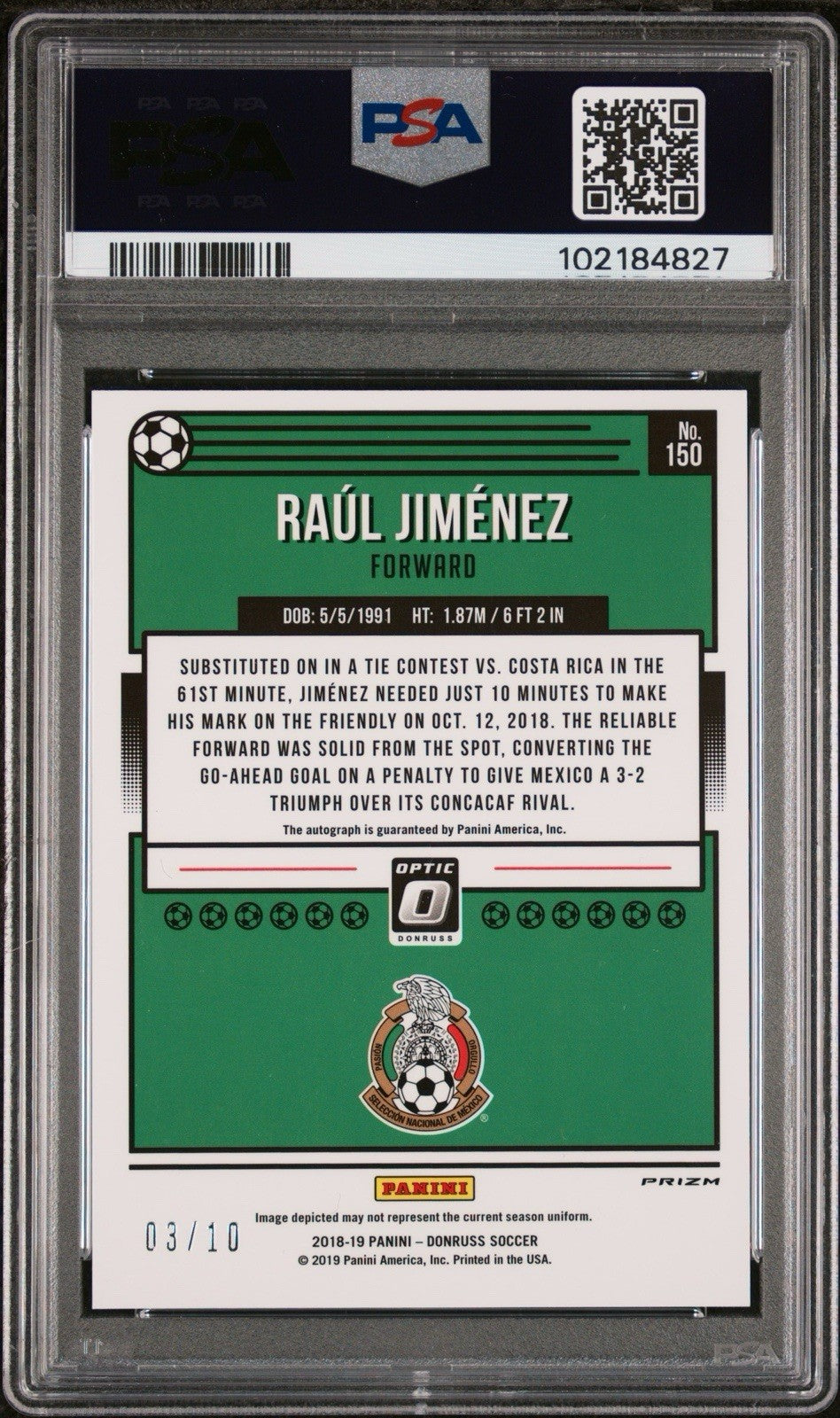 2018 Panini Donruss Raul Jimenez PSA 9 Optic Auto Gold /10 Mexico Mint #150