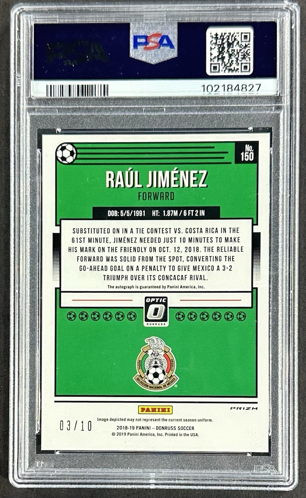 2018 Panini Donruss Raul Jimenez PSA 9 Optic Auto Gold /10 Mexico Mint #150