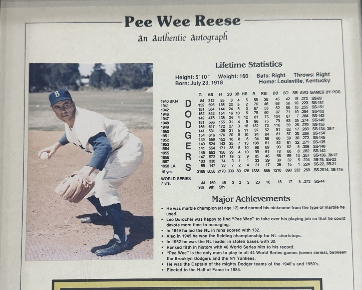 Pee Wee Reese Signed 8x10 Framed Stat Photo Brooklyn Dodgers Auto Notary COA HOF