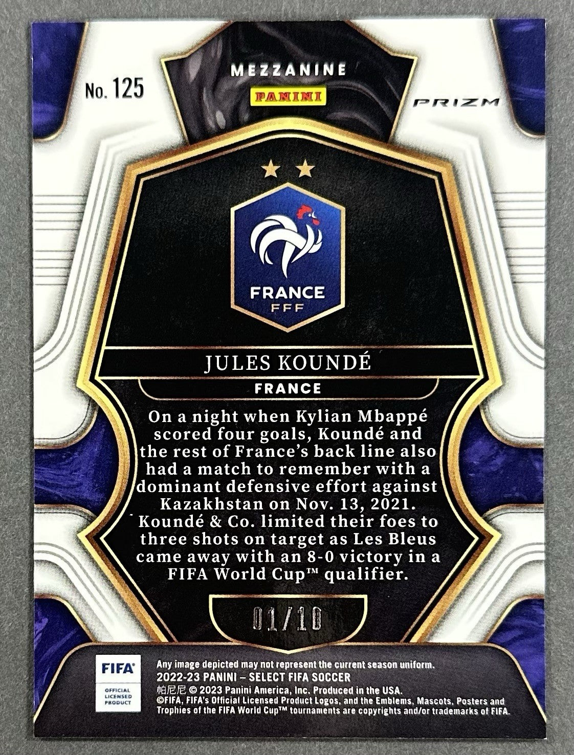 2022-23 Panini Select Fifa 125 Jules Koundé Gold 1/10 Mezzanine France Barcelona